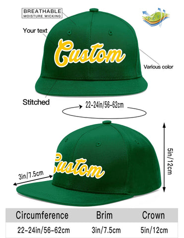 Custom Green Gold-White Flat Eaves Sport Baseball Cap