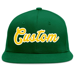 Casquette de baseball sport personnalisée vert or-blanc plat Eaves