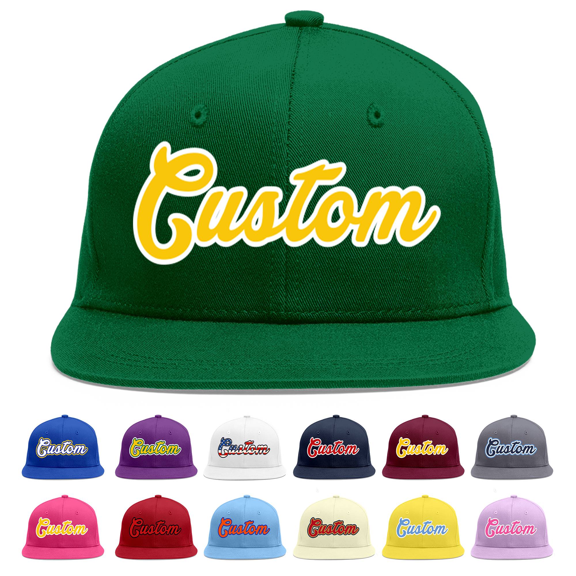 Custom Green Gold-White Flat Eaves Sport Baseball Cap