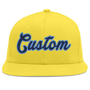 Custom Light Gold Navy-Light Blue Flat Eaves Sport Baseball Cap