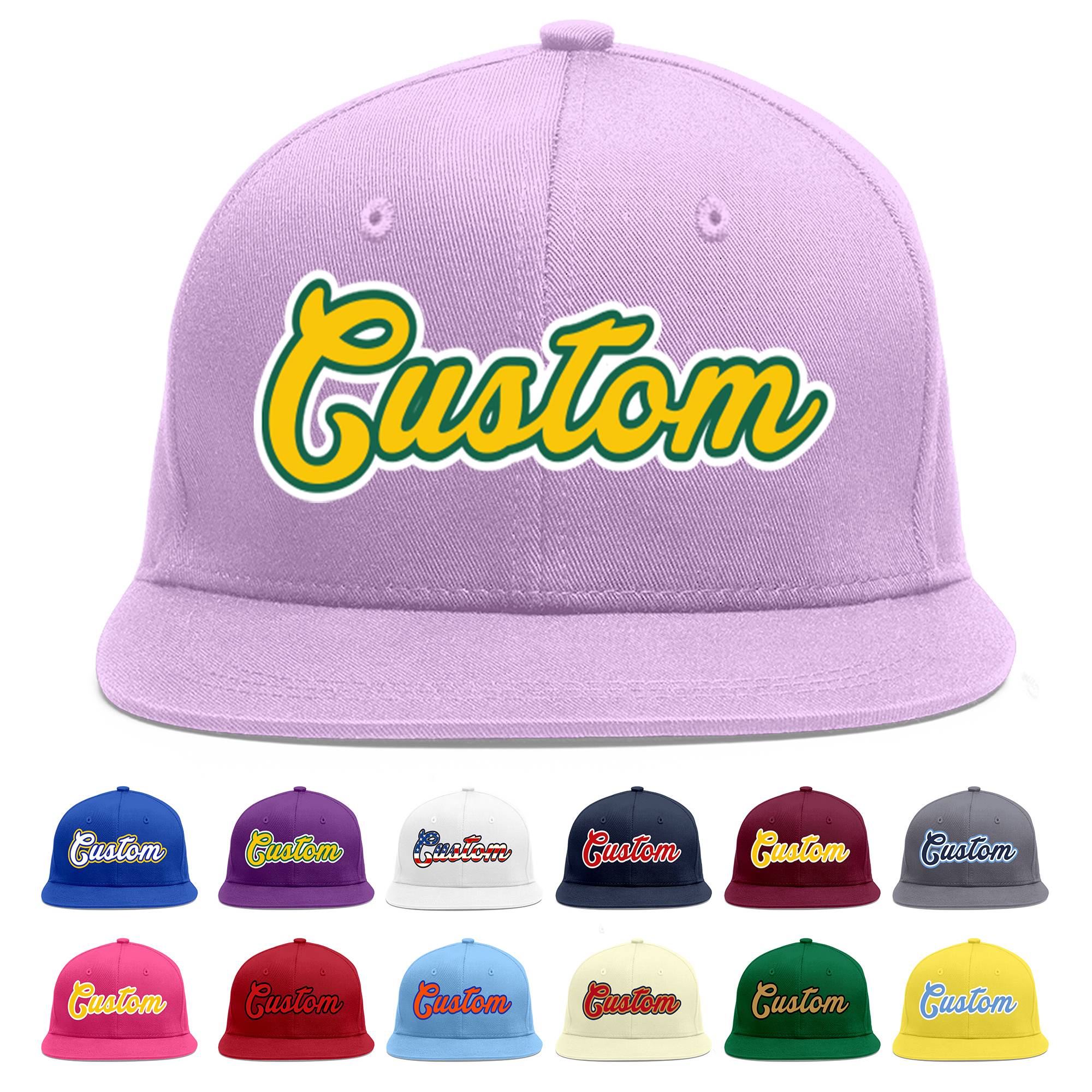 Custom Light Purple Gold-Kelly Green Flat Eaves Sport Baseball Cap