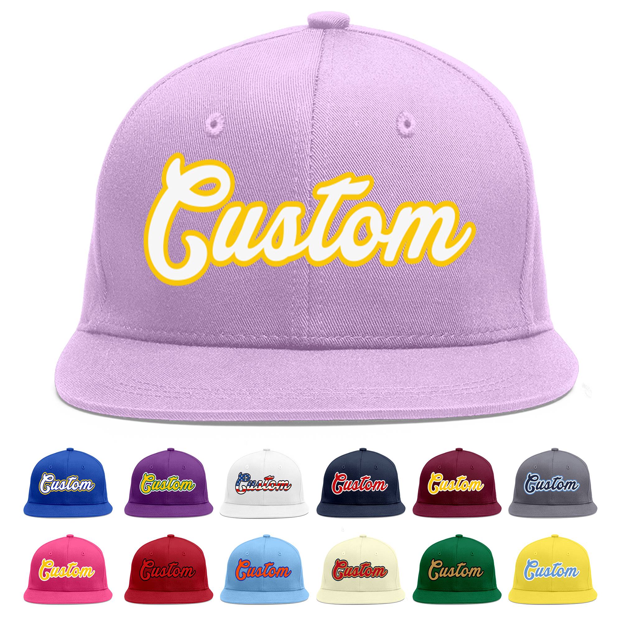 Custom Light Purple White-Gold Flat Eaves Sport Baseball Cap