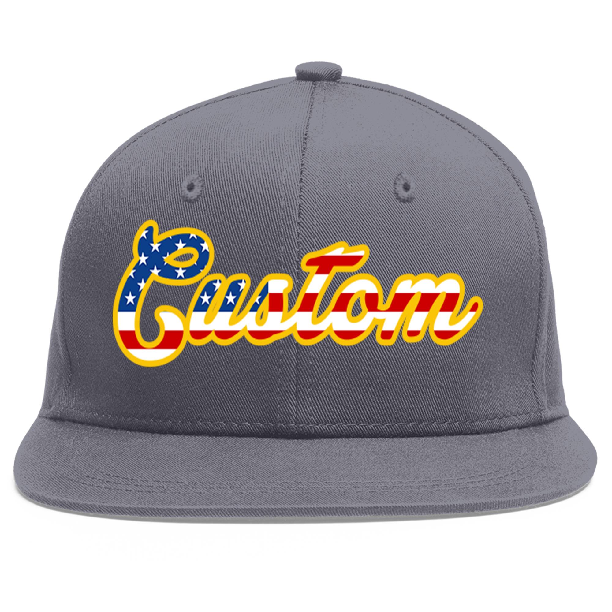 Casquette de baseball sport vintage gris foncé personnalisée avec drapeau des États-Unis et avant-toit plat doré