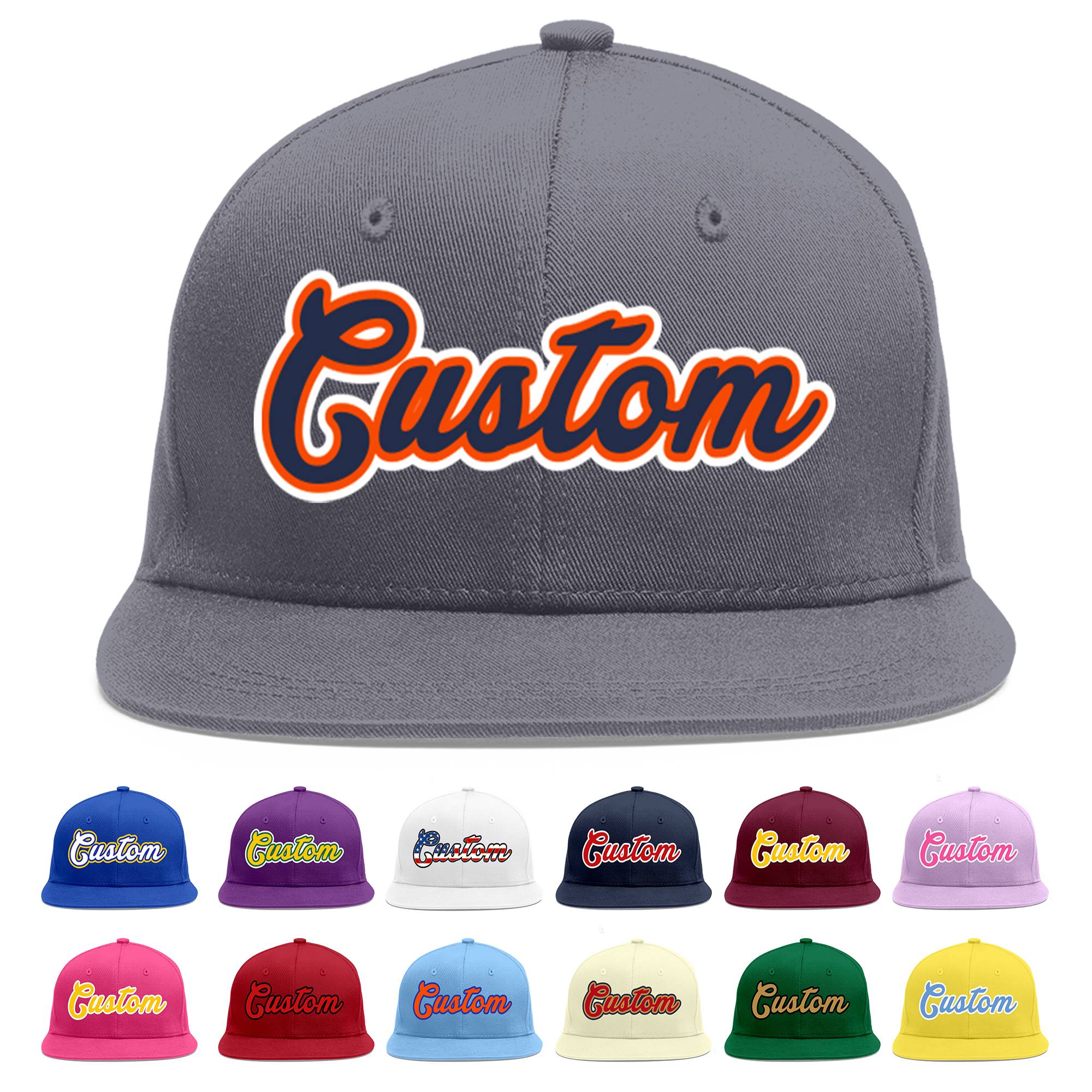 Custom Dark Gray Navy-Orange Flat Eaves Sport Baseball Cap