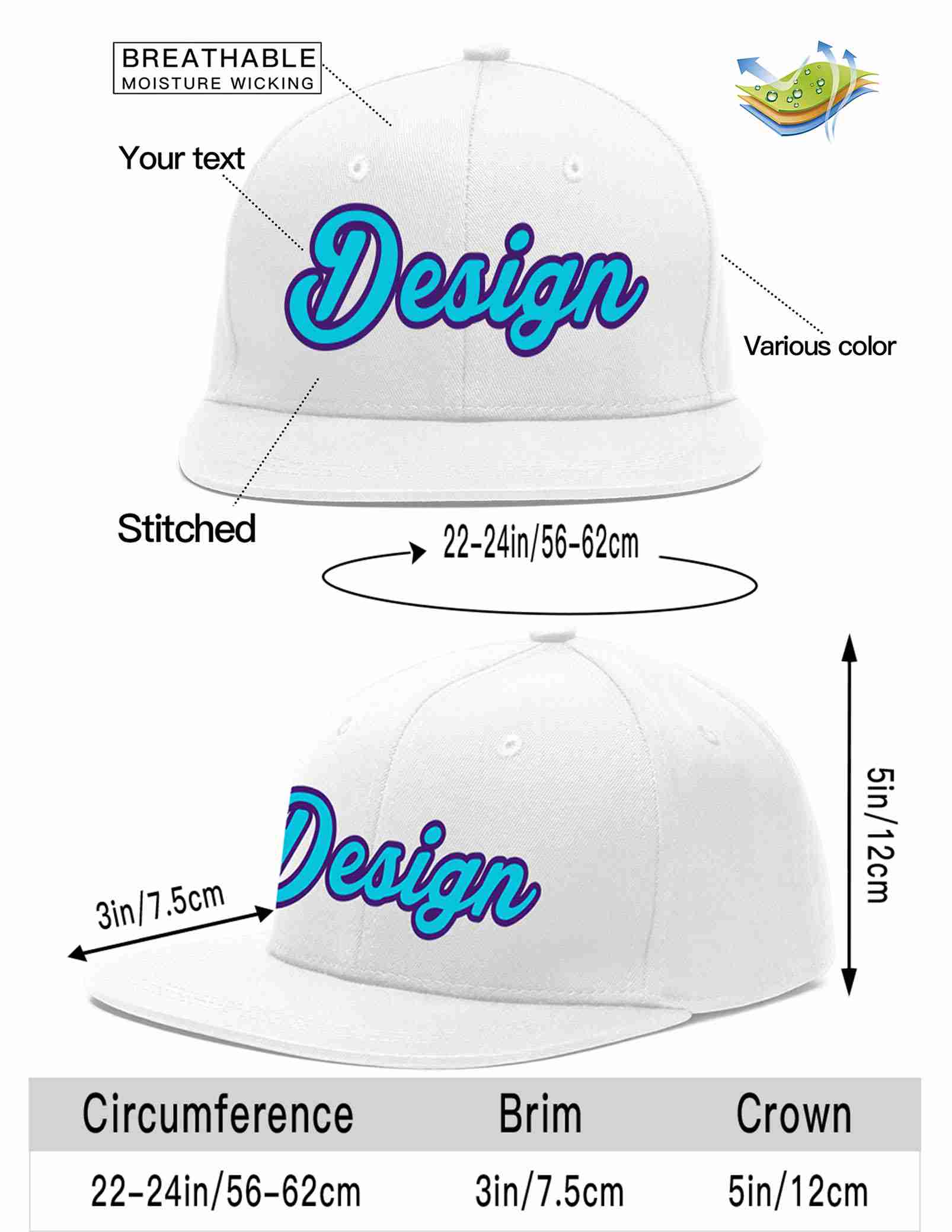 Custom White Light Blue-purple Flat Eaves Sport Baseball Cap Design for Men/Women/Youth