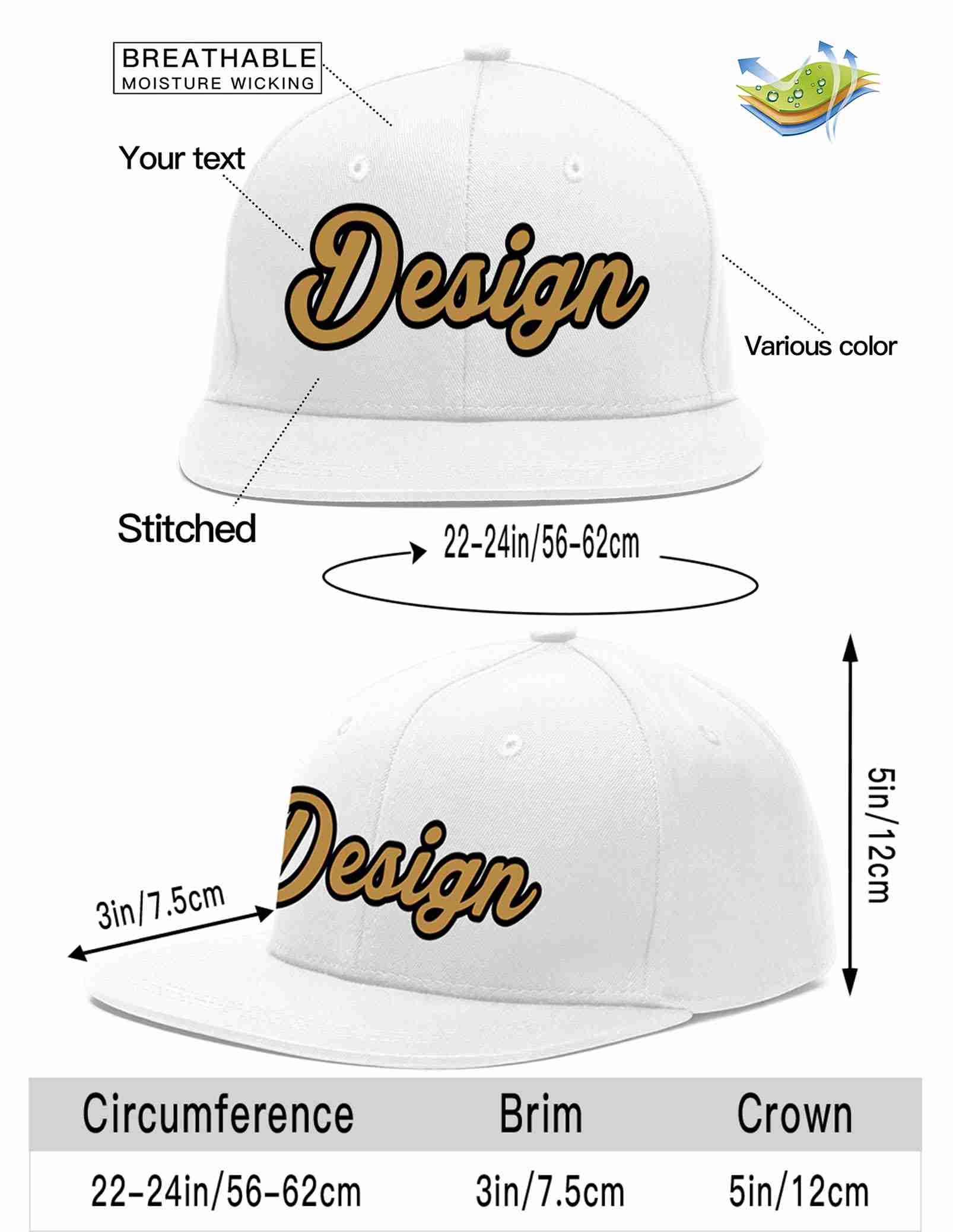 Custom White Old Gold-Black Flat Eaves Sport Baseball Cap Design for Men/Women/Youth