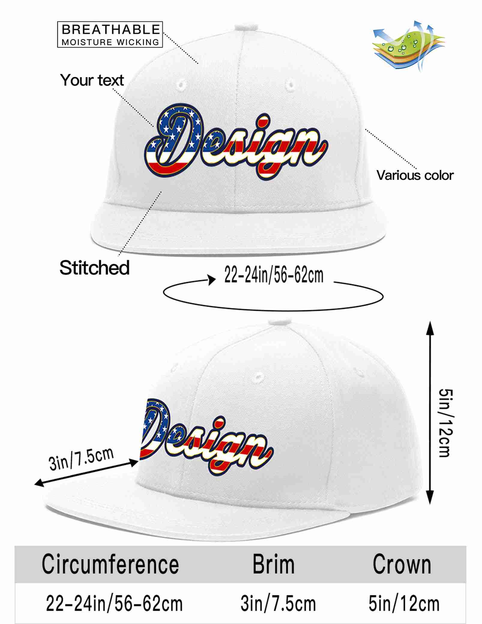 Custom White Vintage USA Flag-Gold Flat Eaves Sport Baseball Cap Design for Men/Women/Youth