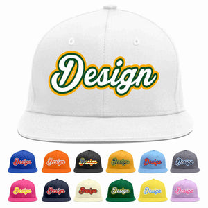 Custom White White-Kelly Green Flat Eaves Sport Baseball Cap Design for Men/Women/Youth