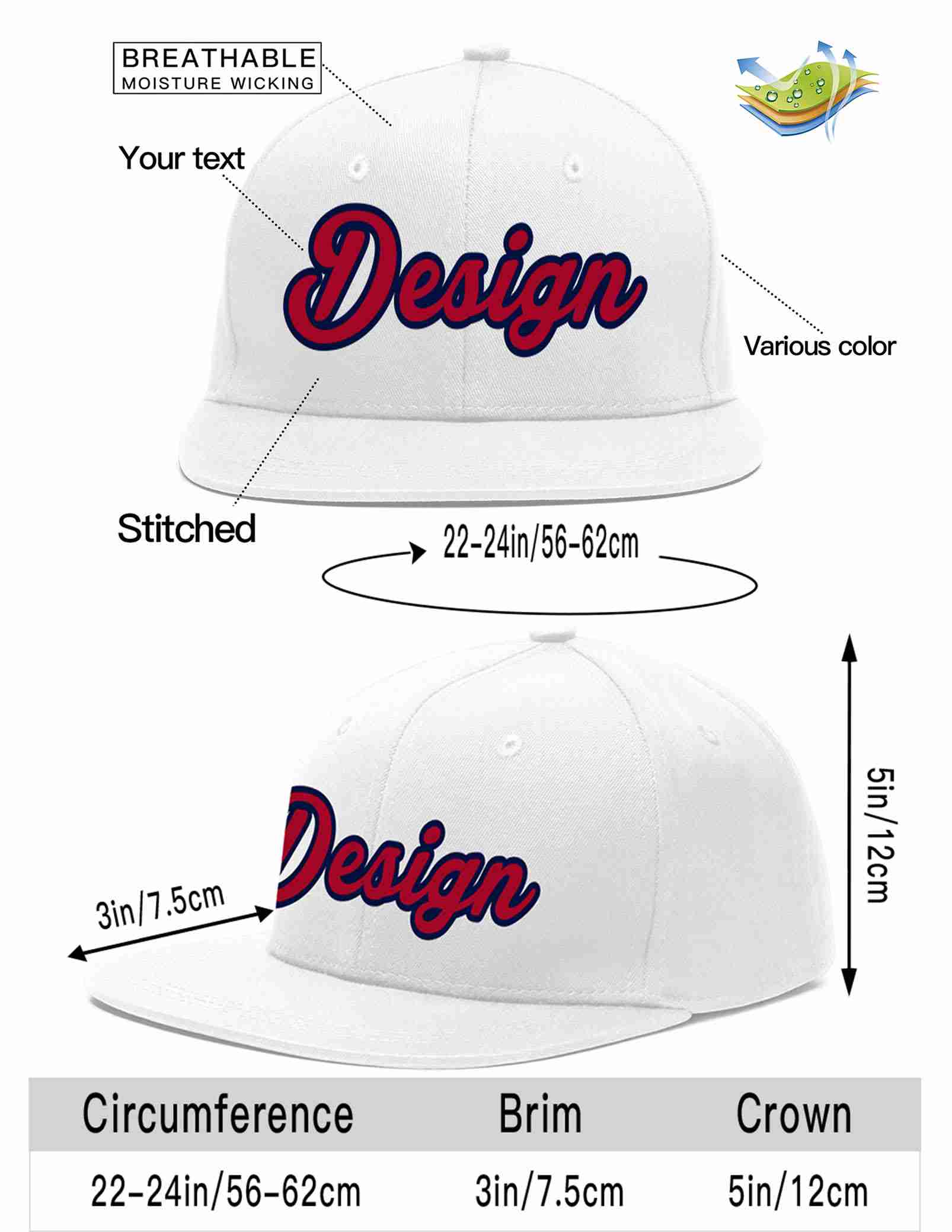 Custom White Red-Navy Flat Eaves Sport Baseball Cap Design for Men/Women/Youth