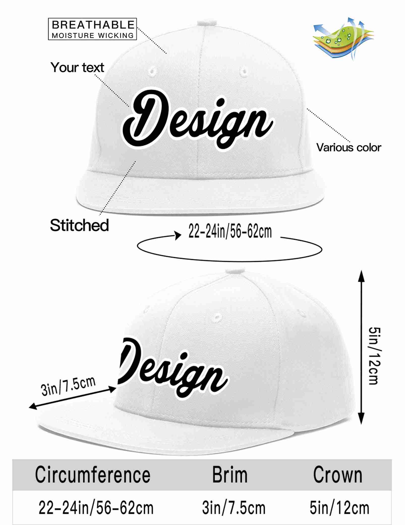 Custom White Black-White Flat Eaves Sport Baseball Cap Design for Men/Women/Youth