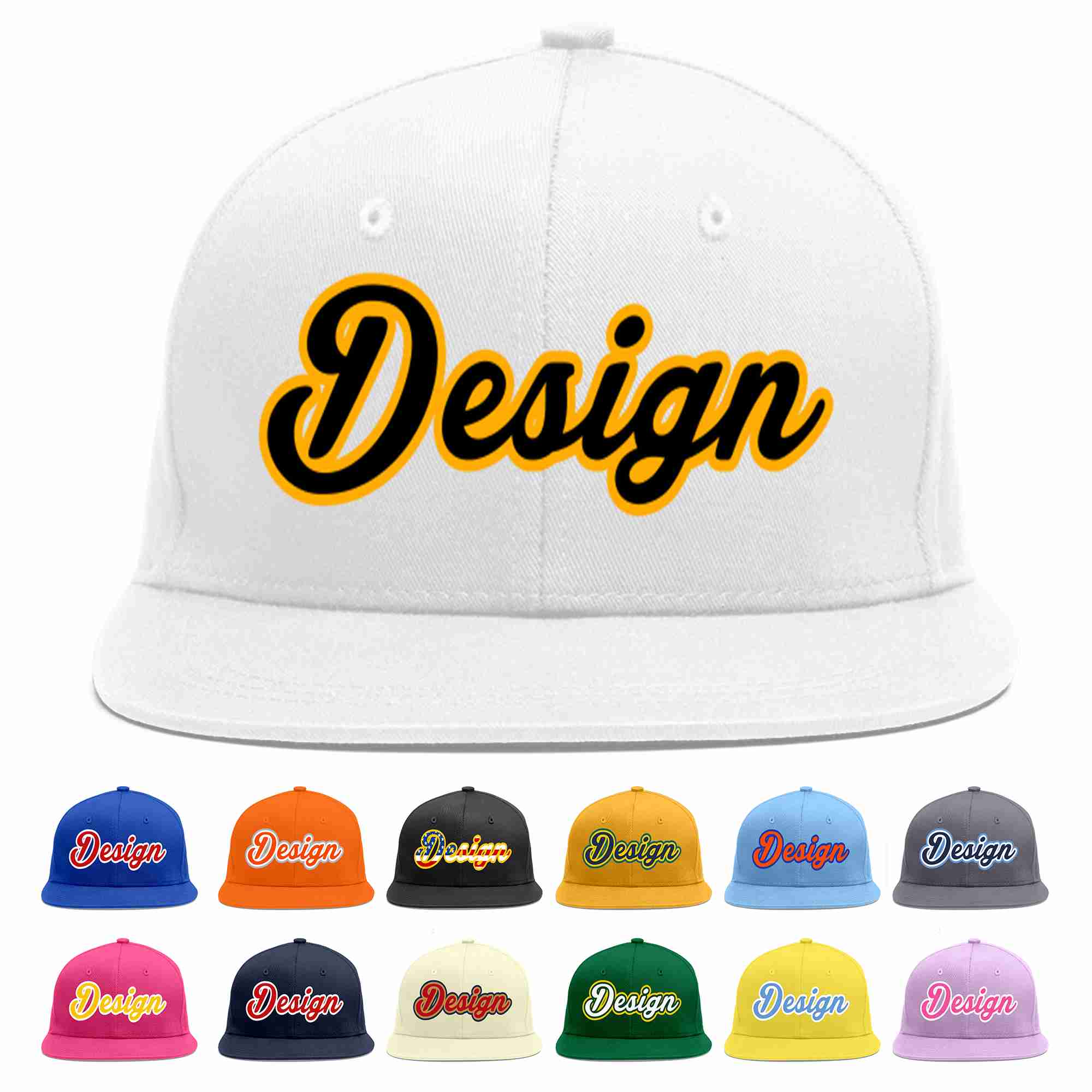 Conception personnalisée de casquette de baseball de sport à avant-toit plat blanc noir-jaune pour hommes/femmes/jeunes