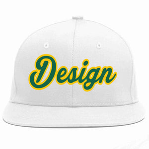 Custom White Kelly Green-Gold Flat Eaves Sport Baseball Cap Design for Men/Women/Youth