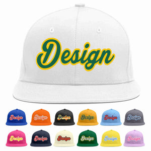 Custom White Kelly Green-Gold Flat Eaves Sport Baseball Cap Design for Men/Women/Youth