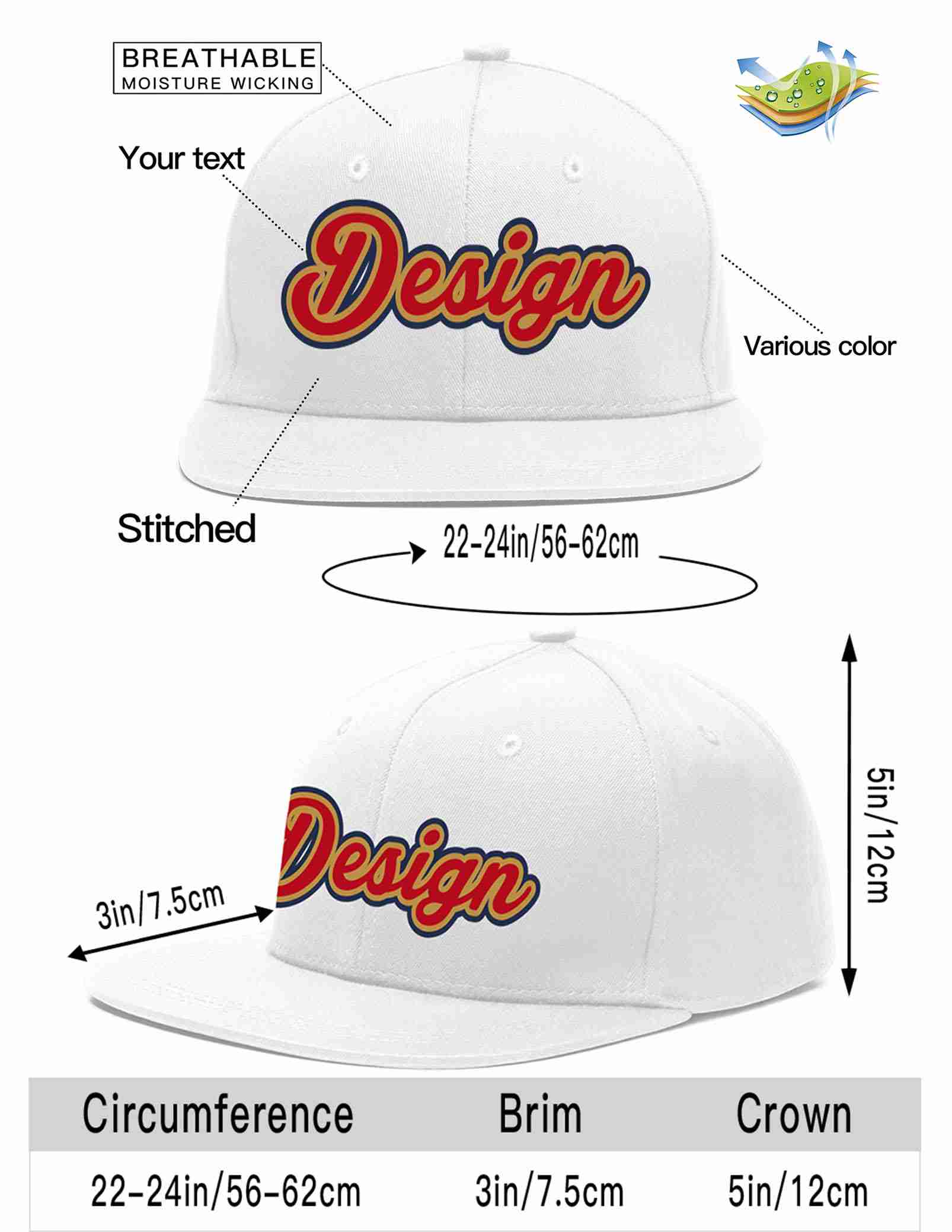 Custom White Red-Old Gold Flat Eaves Sport Baseball Cap Design for Men/Women/Youth