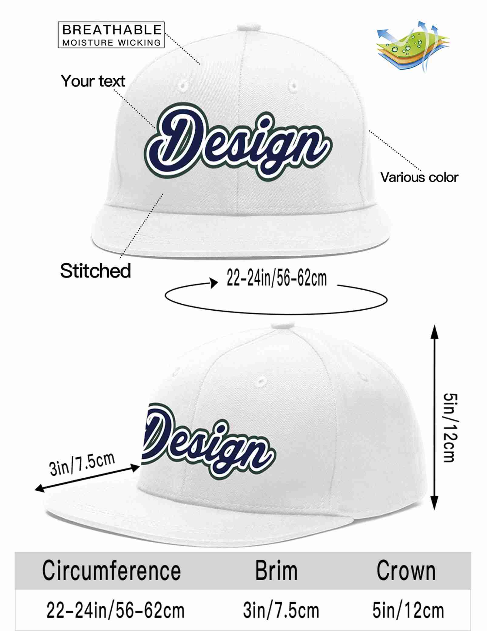 Conception personnalisée de casquette de baseball de sport à avant-toit plat blanc marine-blanc pour hommes/femmes/jeunes