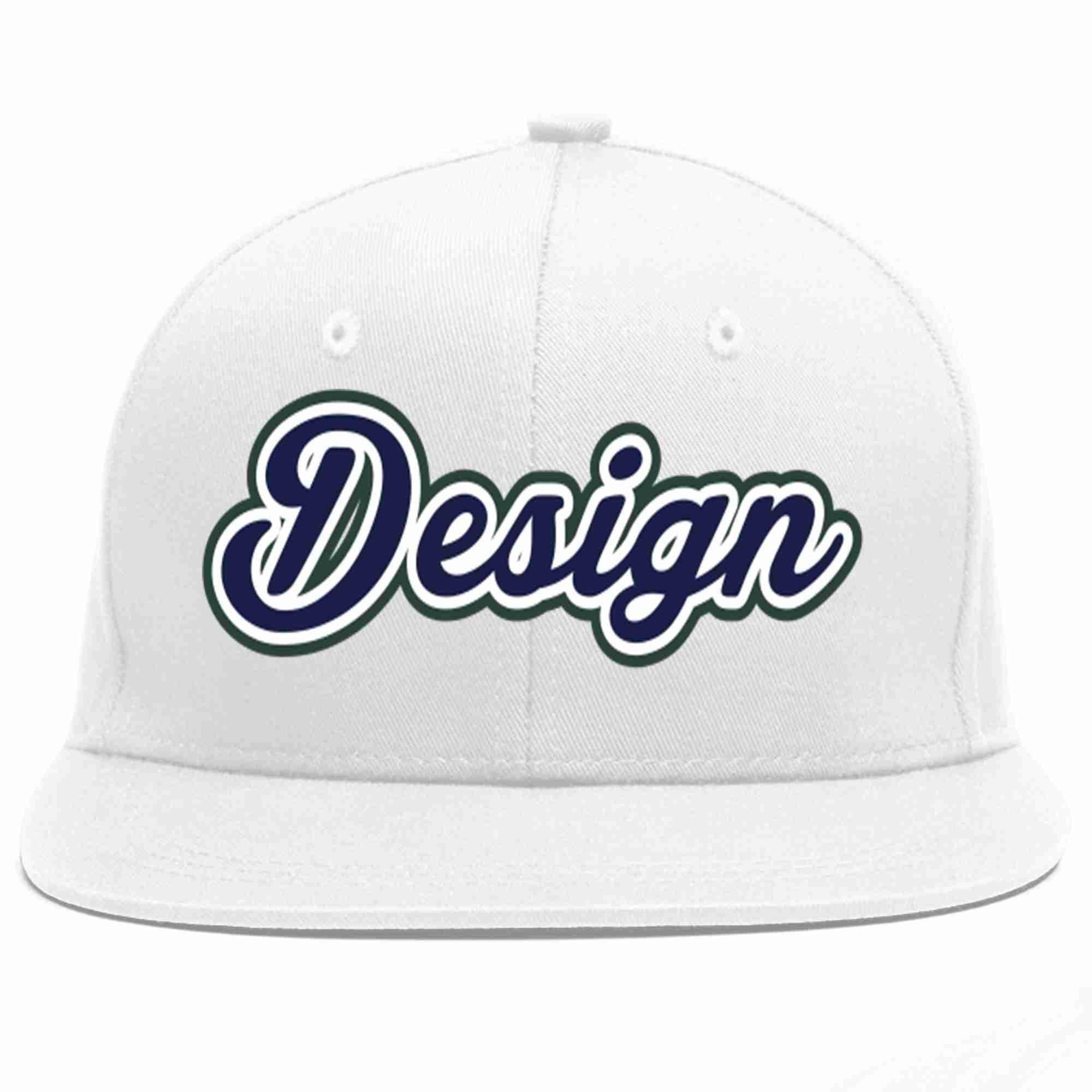 Custom White Navy-White Flat Eaves Sport Baseball Cap Design for Men/Women/Youth