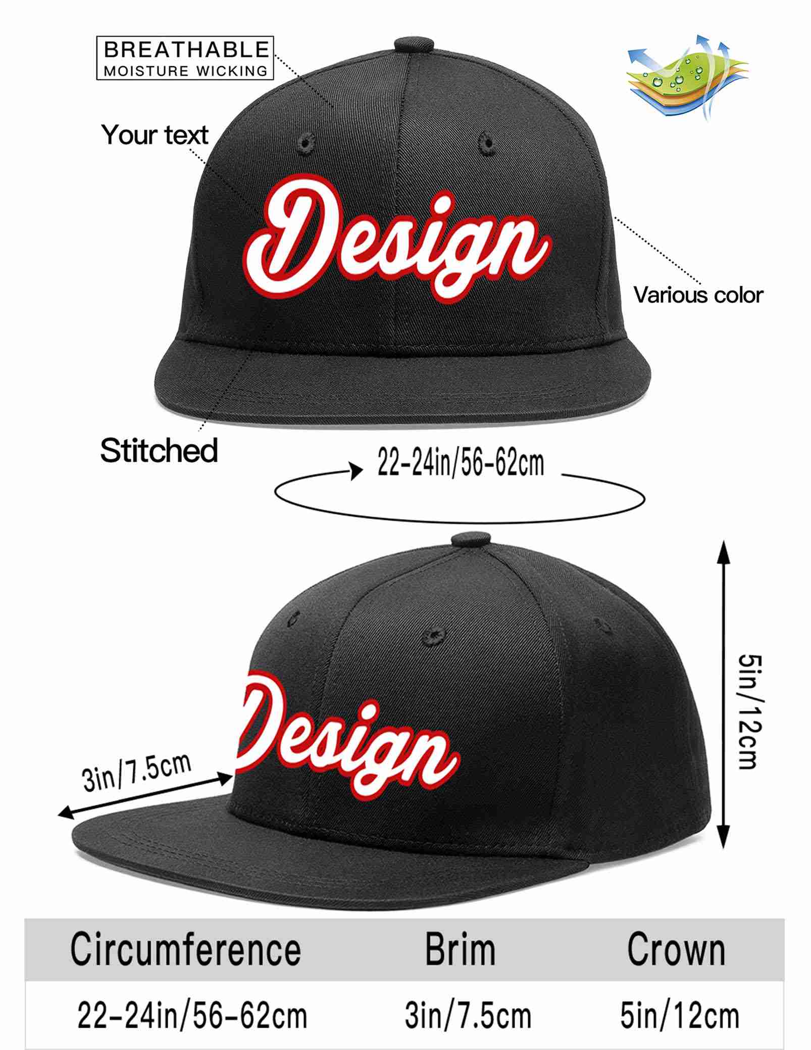 Custom Black White-Red Flat Eaves Sport Baseball Cap Design for Men/Women/Youth