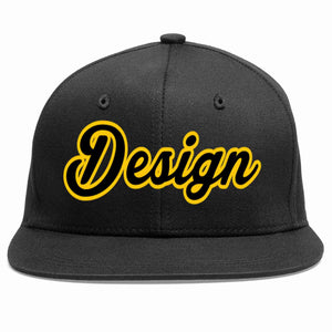 Custom Black Black-Gold Flat Eaves Sport Baseball Cap Design for Men/Women/Youth