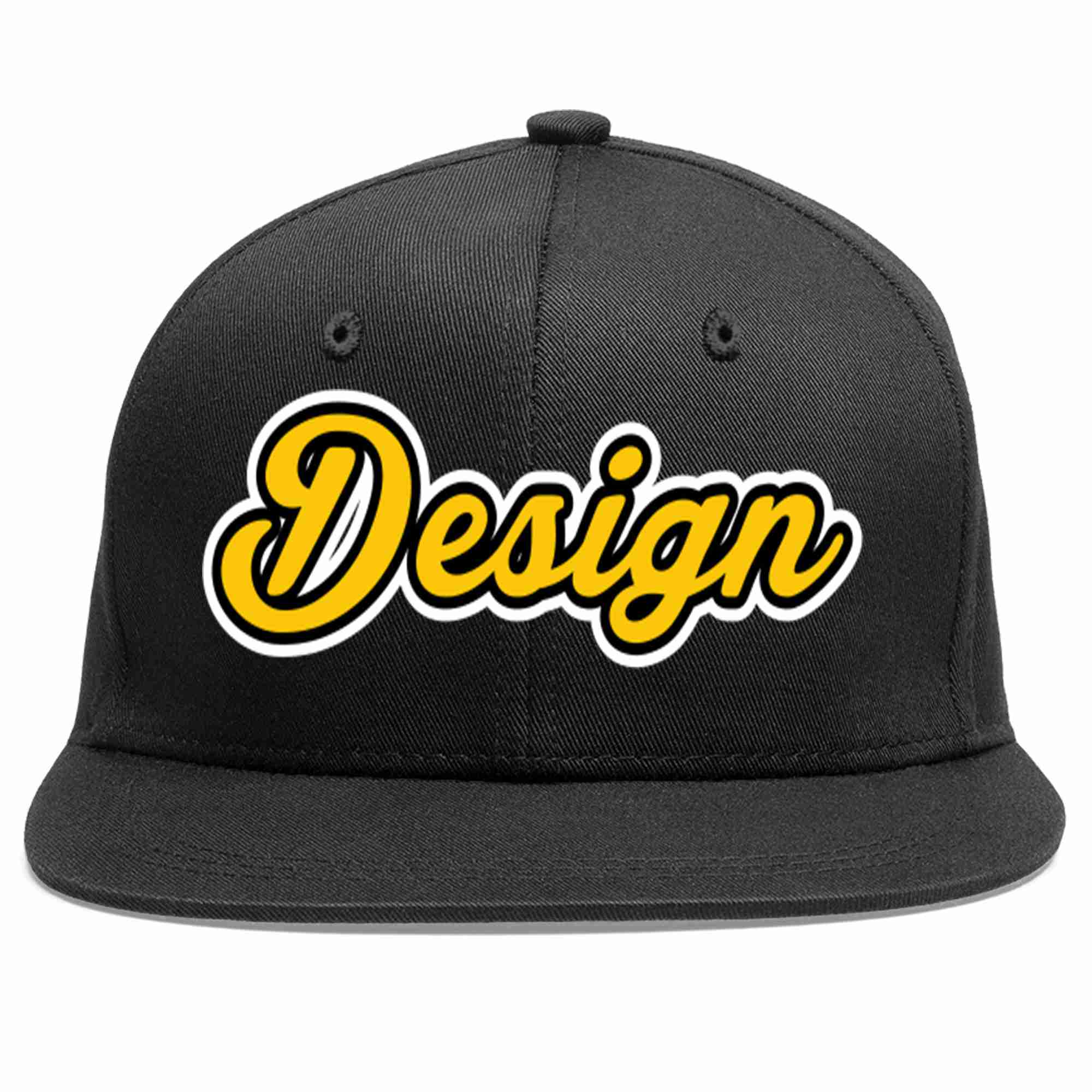 Custom Black Gold-Black Flat Eaves Sport Baseball Cap Design for Men/Women/Youth