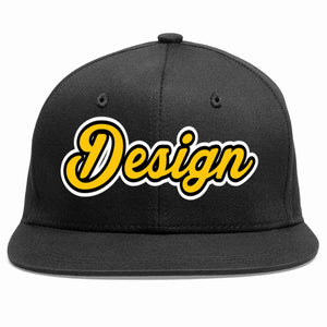 Conception personnalisée de casquette de baseball de sport à avant-toit plat noir or-noir pour hommes/femmes/jeunes