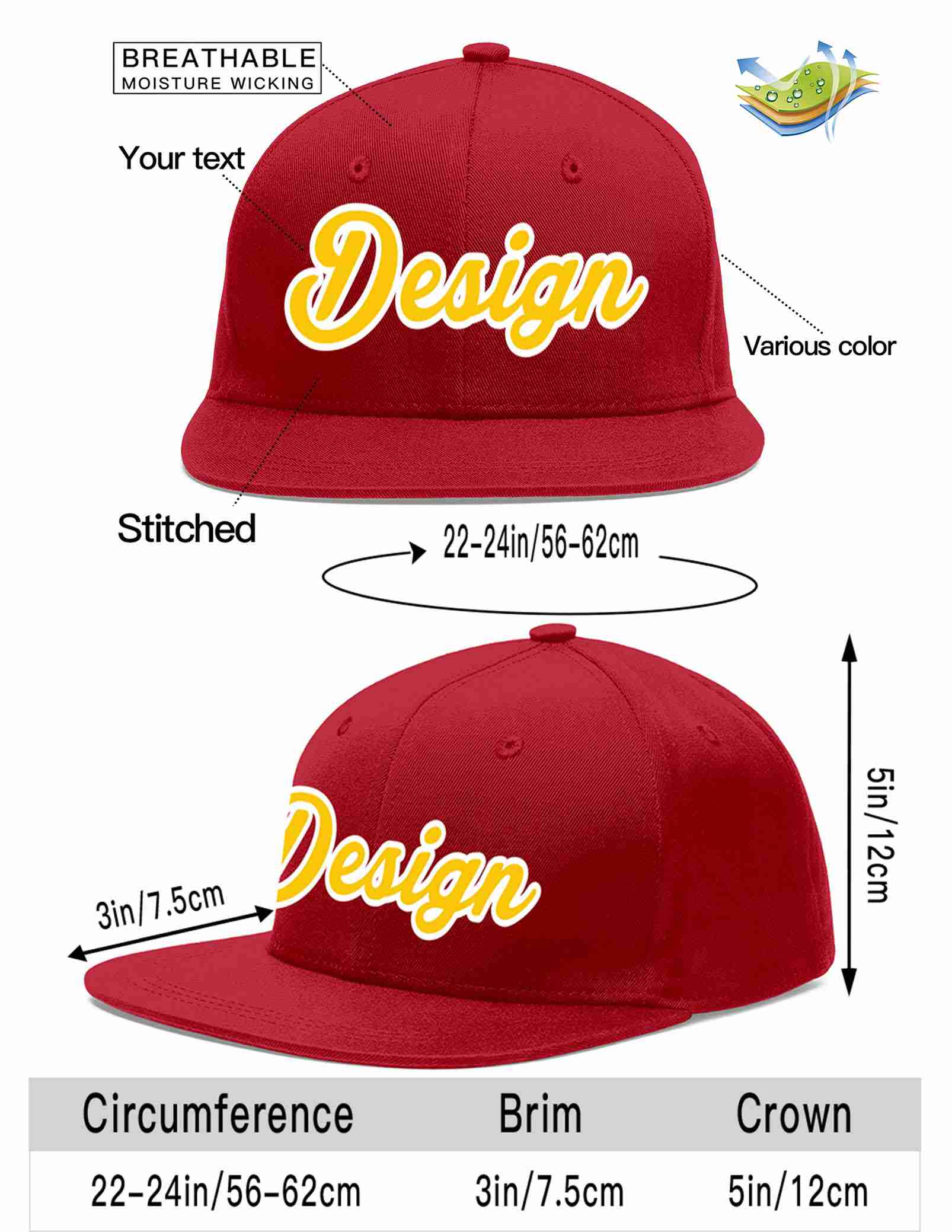 Custom Red Gold-White Flat Eaves Sport Baseball Cap Design for Men/Women/Youth