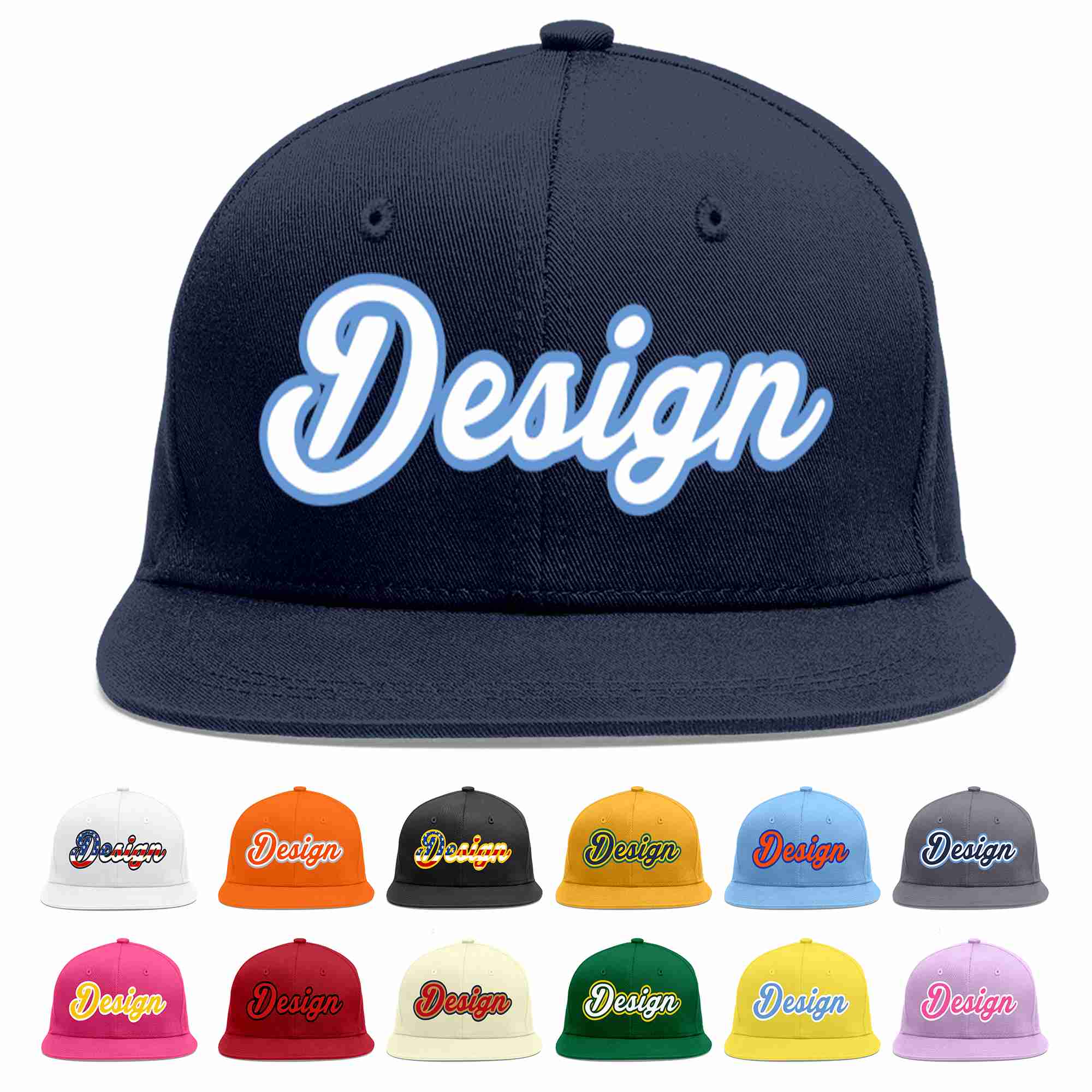 Conception personnalisée de casquette de baseball de sport à avant-toit plat bleu marine blanc-bleu clair pour hommes/femmes/jeunes