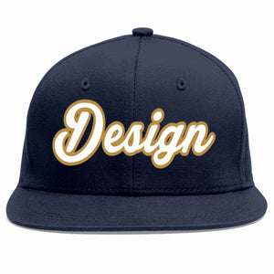 Custom Navy White-Old Gold Flat Eaves Sport Baseball Cap Design for Men/Women/Youth