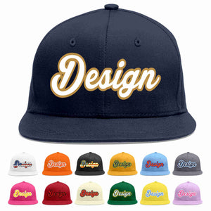 Custom Navy White-Old Gold Flat Eaves Sport Baseball Cap Design for Men/Women/Youth