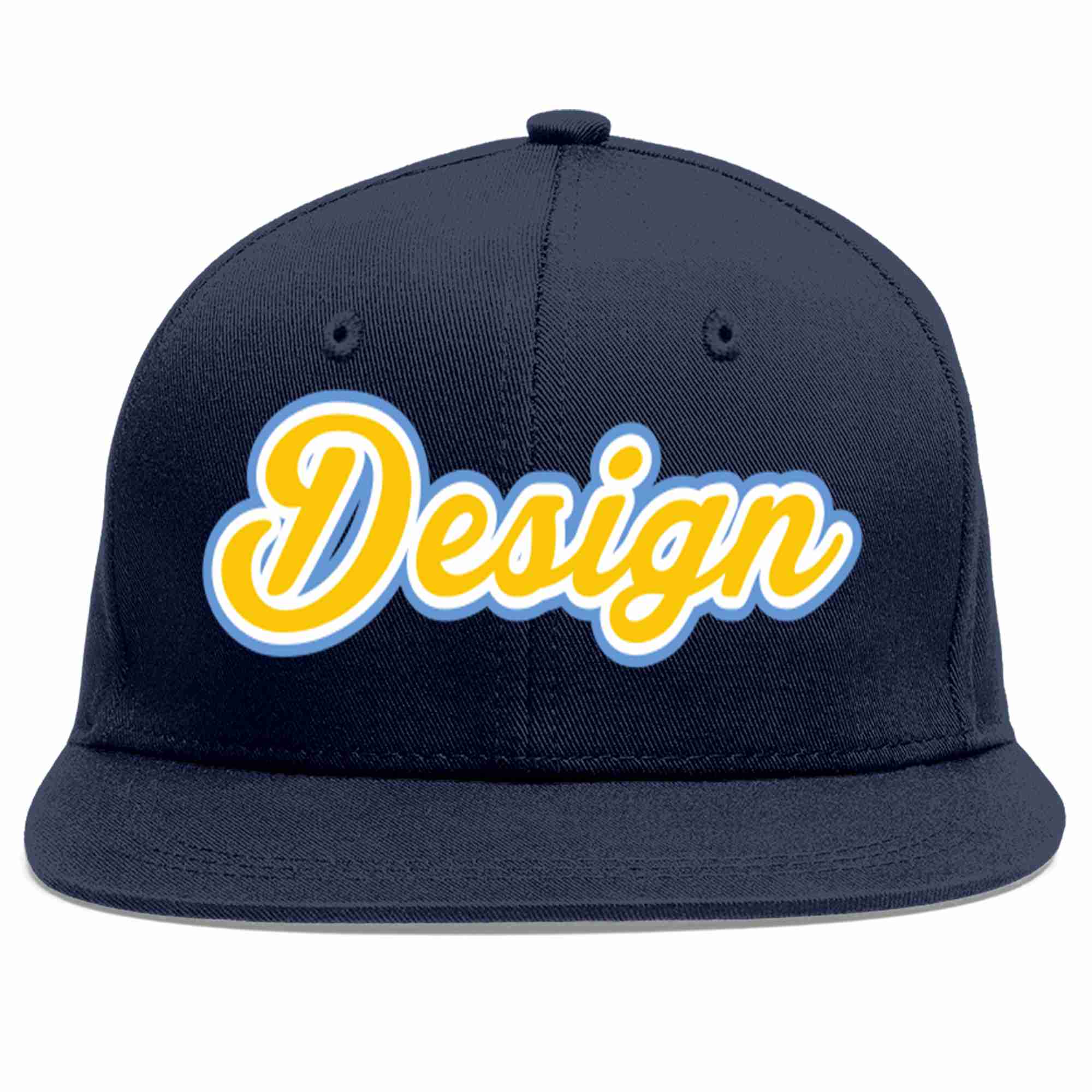 Conception personnalisée de casquette de baseball de sport à avant-toit plat bleu marine or-blanc pour hommes/femmes/jeunes