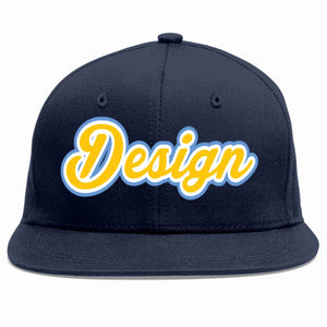 Custom Navy Gold-White Flat Eaves Sport Baseball Cap Design for Men/Women/Youth