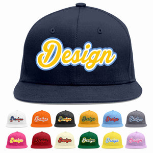 Custom Navy Gold-White Flat Eaves Sport Baseball Cap Design for Men/Women/Youth