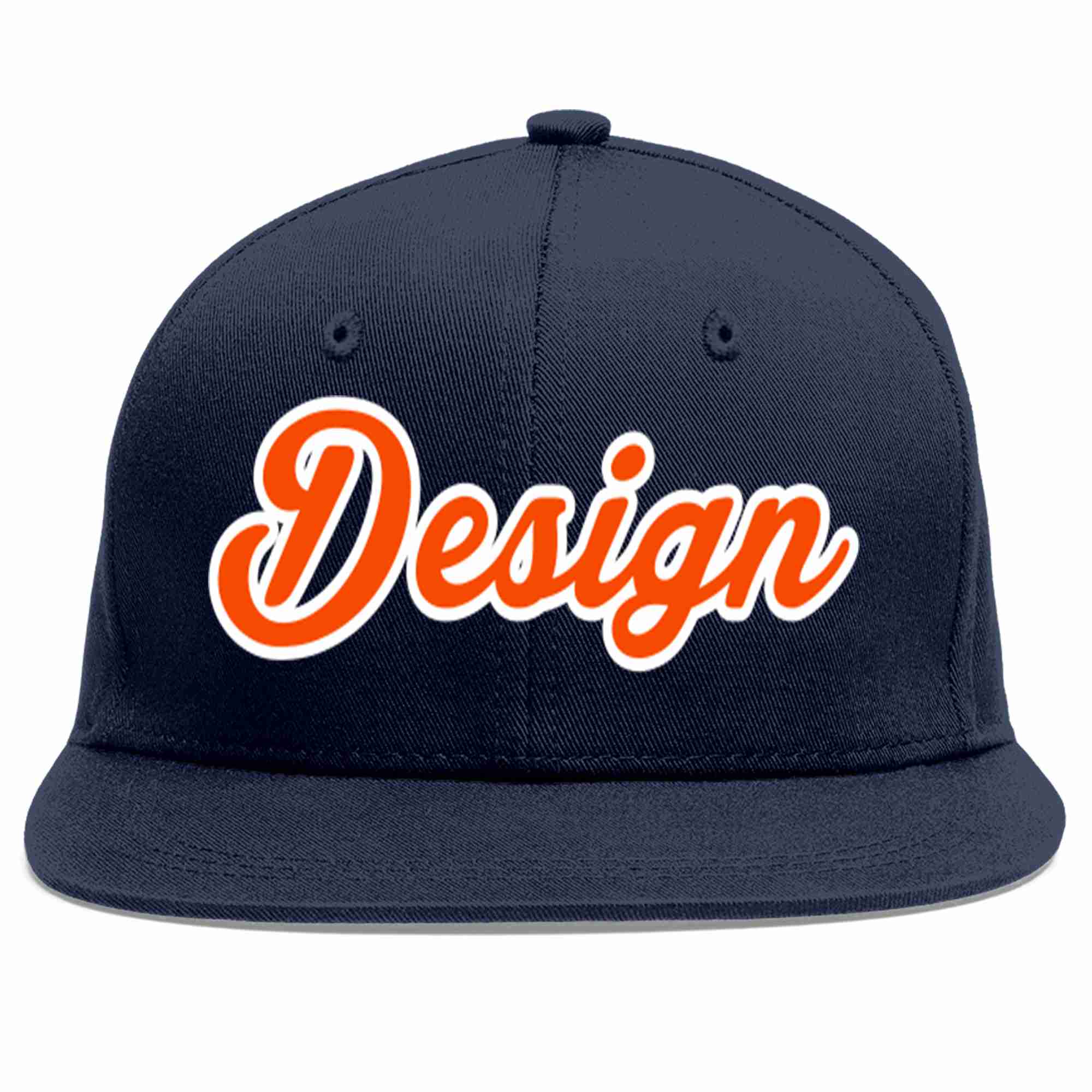 Custom Navy Orange-White Flat Eaves Sport Baseball Cap Design for Men/Women/Youth