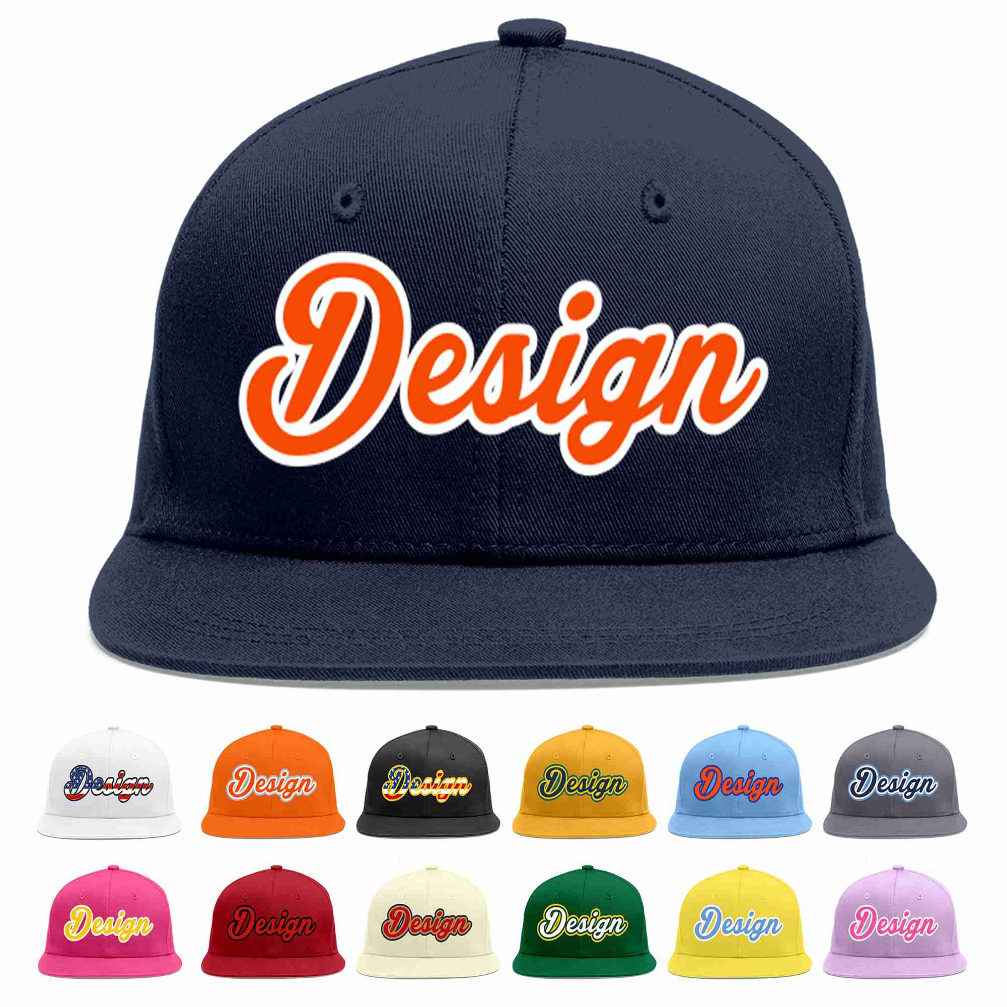 Custom Navy Orange-White Flat Eaves Sport Baseball Cap Design for Men/Women/Youth