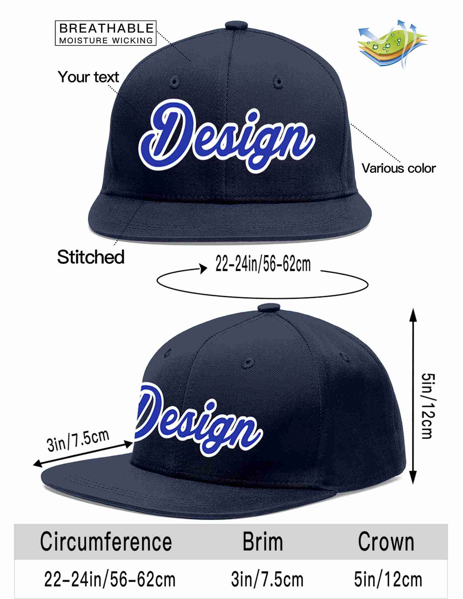 Custom Navy Royal-White Flat Eaves Sport Baseball Cap Design for Men/Women/Youth