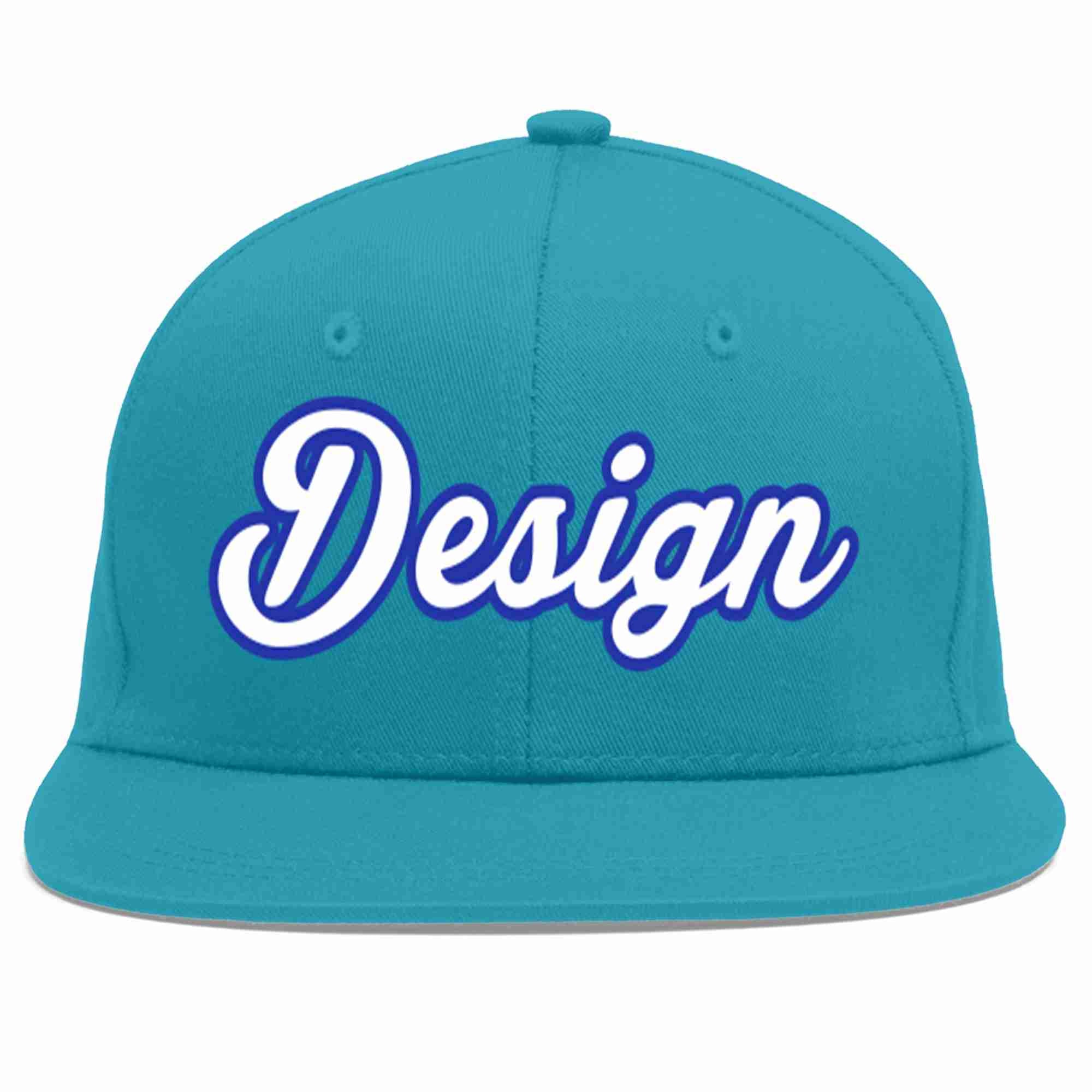 Casquette de baseball personnalisée Aqua White-Royal Flat Eaves Sport pour hommes/femmes/jeunes