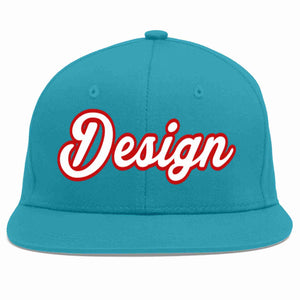 Custom Aqua White-Red Flat Eaves Sport Baseball Cap Design for Men/Women/Youth