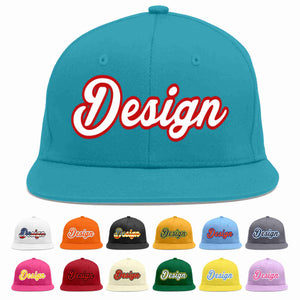 Custom Aqua White-Red Flat Eaves Sport Baseball Cap Design for Men/Women/Youth