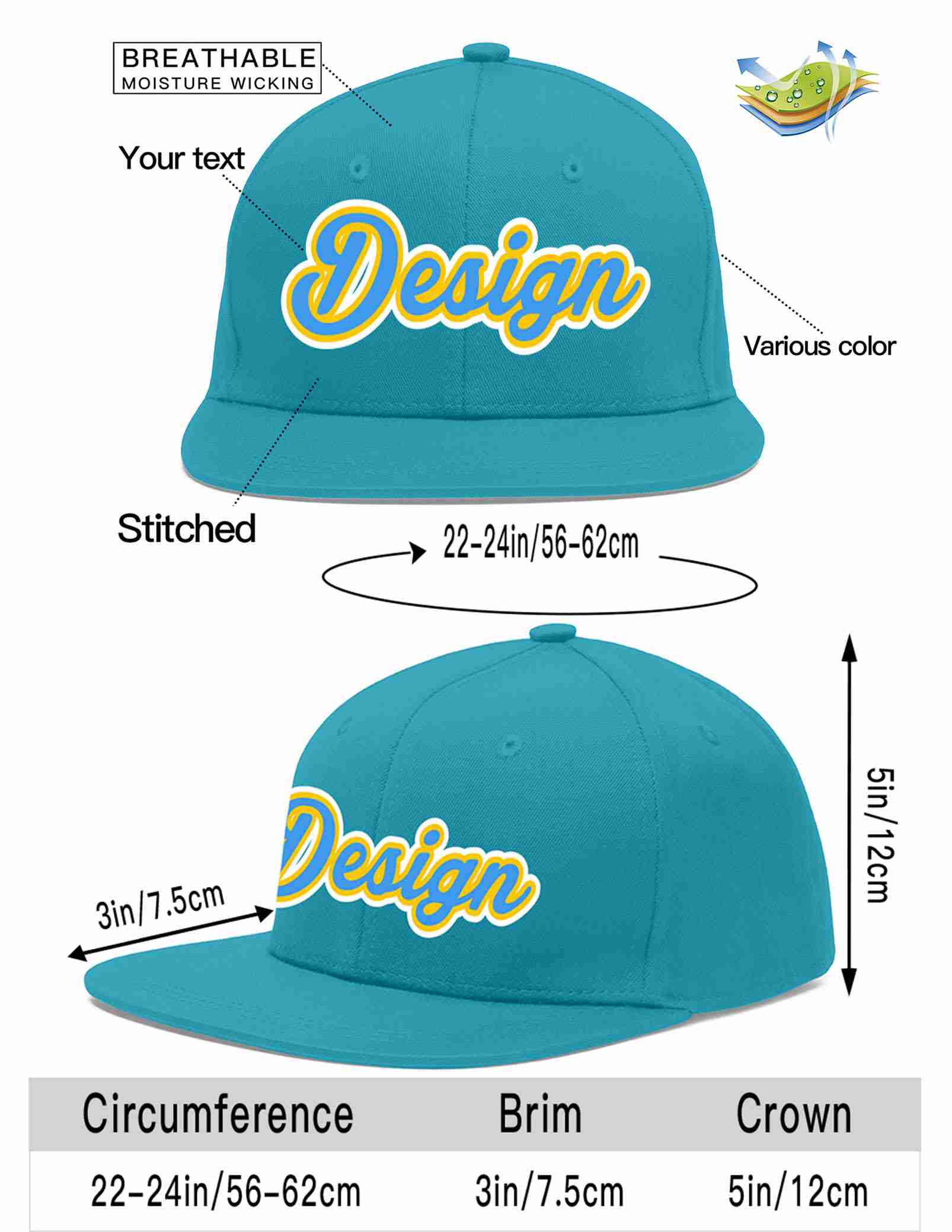 Custom Aqua Powder Blue-Gold Flat Eaves Sport Baseball Cap Design for Men/Women/Youth