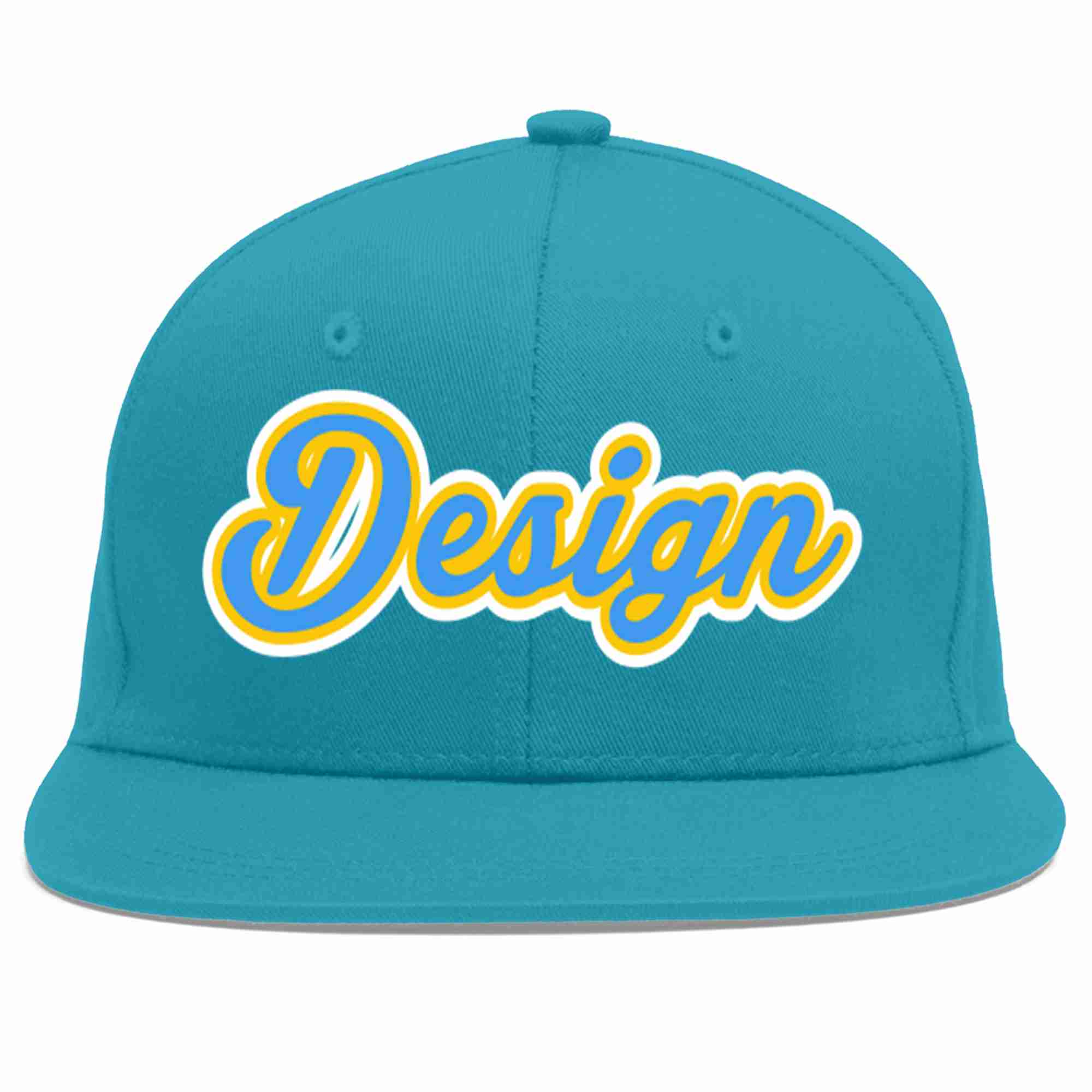 Custom Aqua Powder Blue-Gold Flat Eaves Sport Baseball Cap Design for Men/Women/Youth