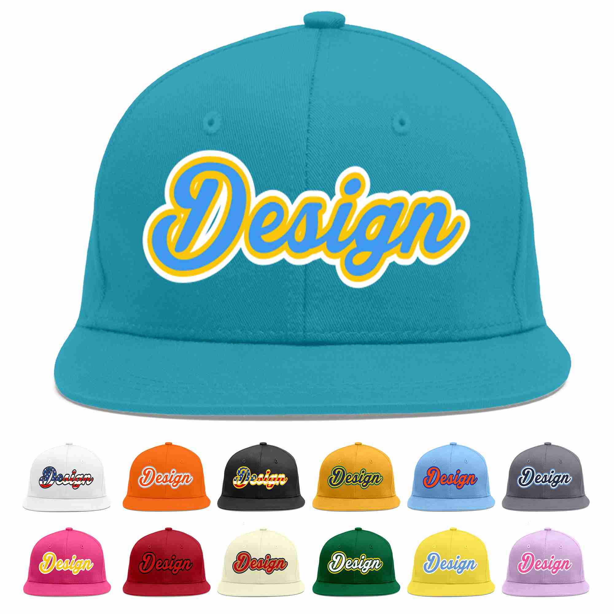 Custom Aqua Powder Blue-Gold Flat Eaves Sport Baseball Cap Design for Men/Women/Youth