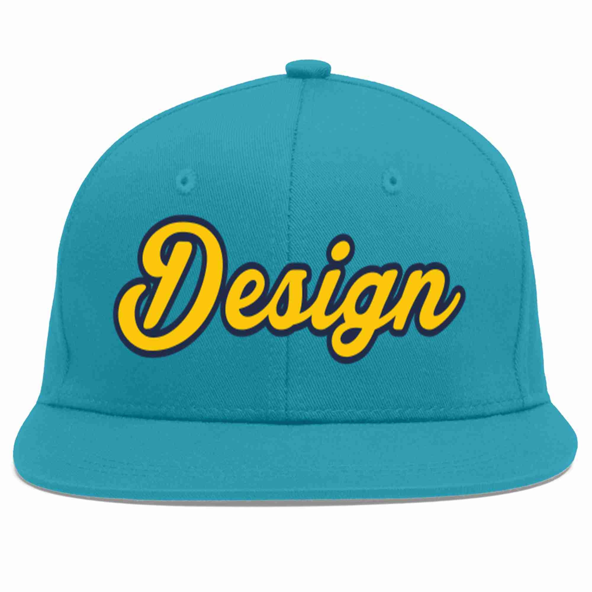 Casquette de baseball personnalisée Aqua Gold-Navy Flat Eaves Sport pour hommes/femmes/jeunes