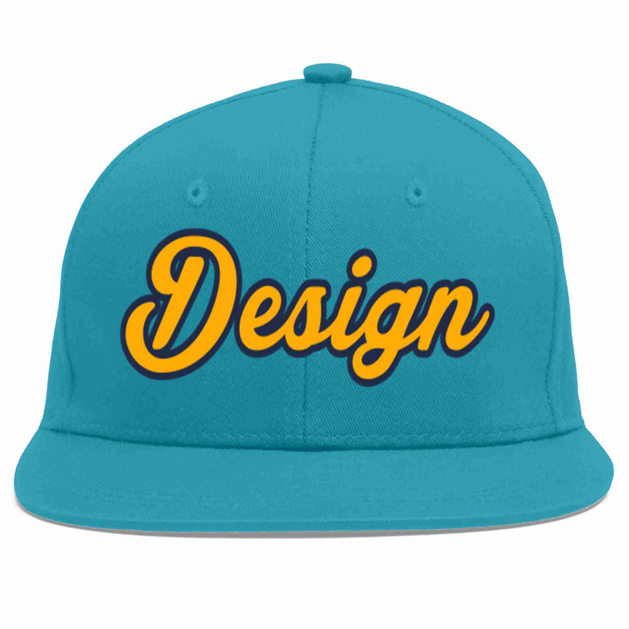 Custom Aqua Yellow-Navy Flat Eaves Sport Baseball Cap Design for Men/Women/Youth