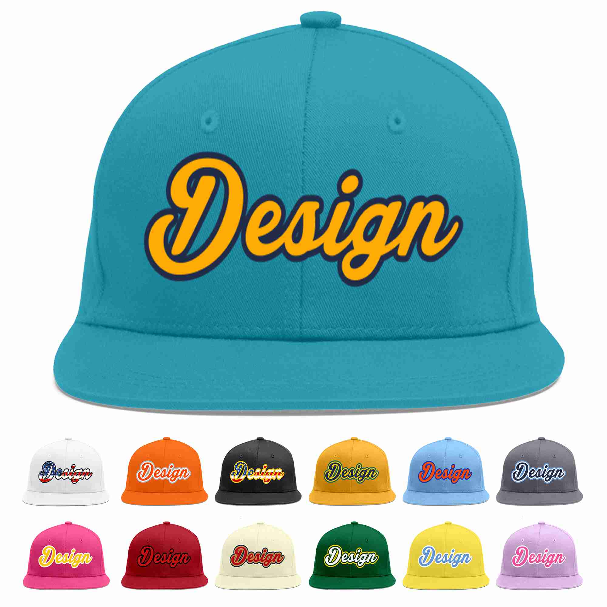 Custom Aqua Yellow-Navy Flat Eaves Sport Baseball Cap Design for Men/Women/Youth