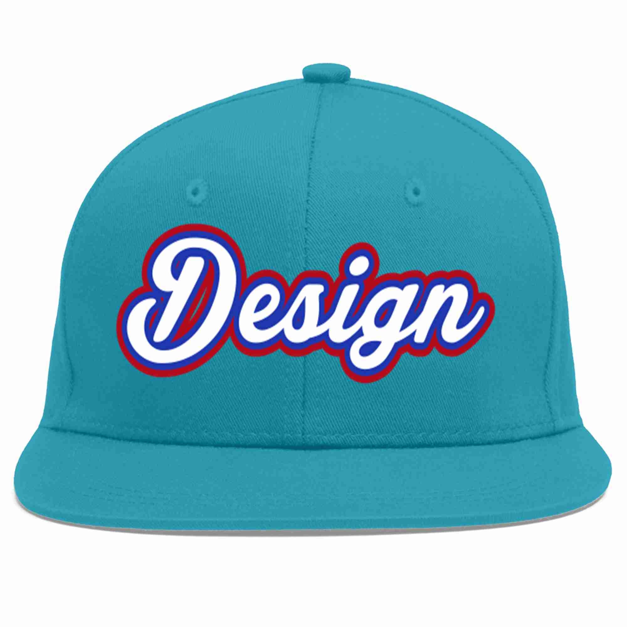 Casquette de baseball personnalisée Aqua White-Royal Flat Eaves Sport pour hommes/femmes/jeunes