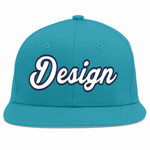 Custom Aqua White-Navy Flat Eaves Sport Baseball Cap Design for Men/Women/Youth