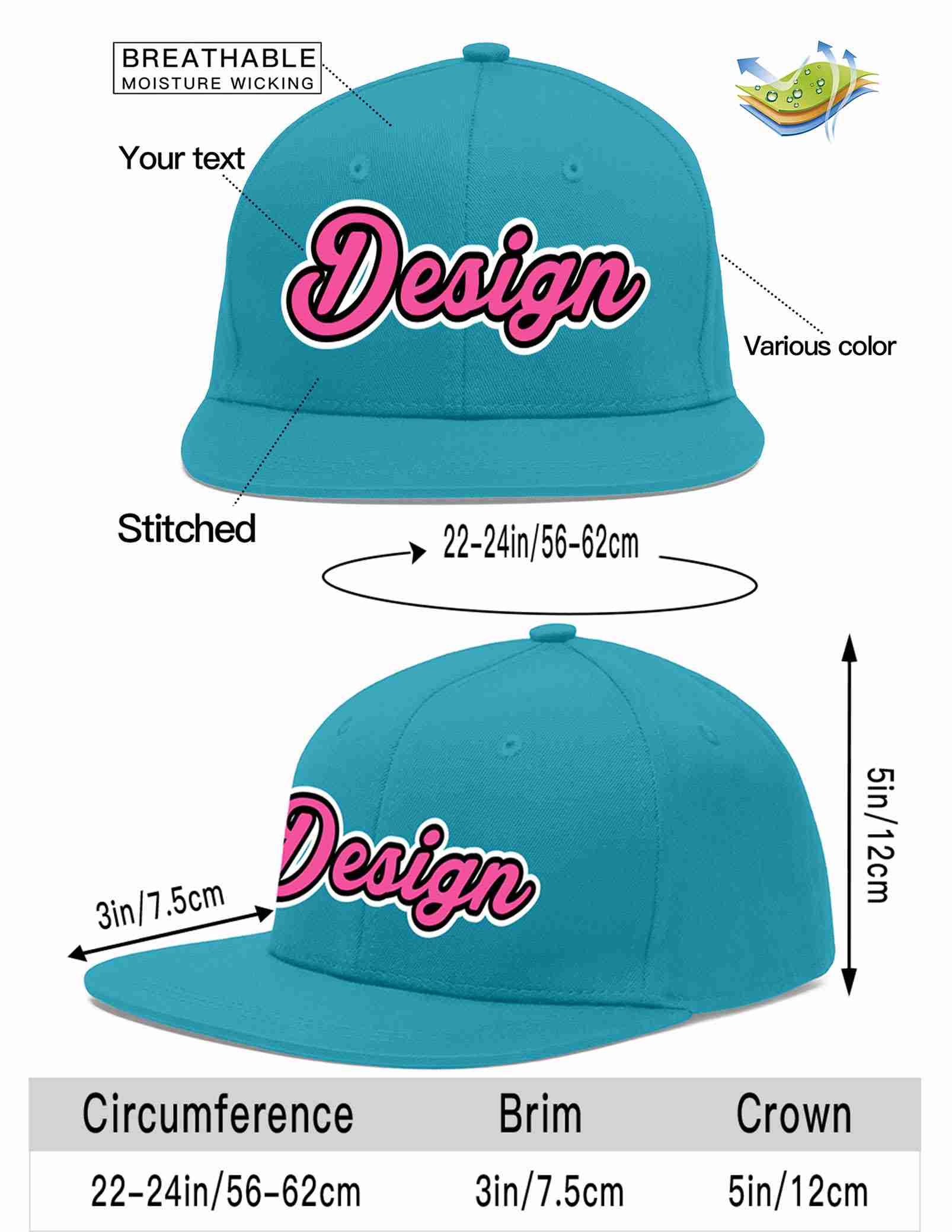 Custom Aqua Pink-Black Flat Eaves Sport Baseball Cap Design for Men/Women/Youth