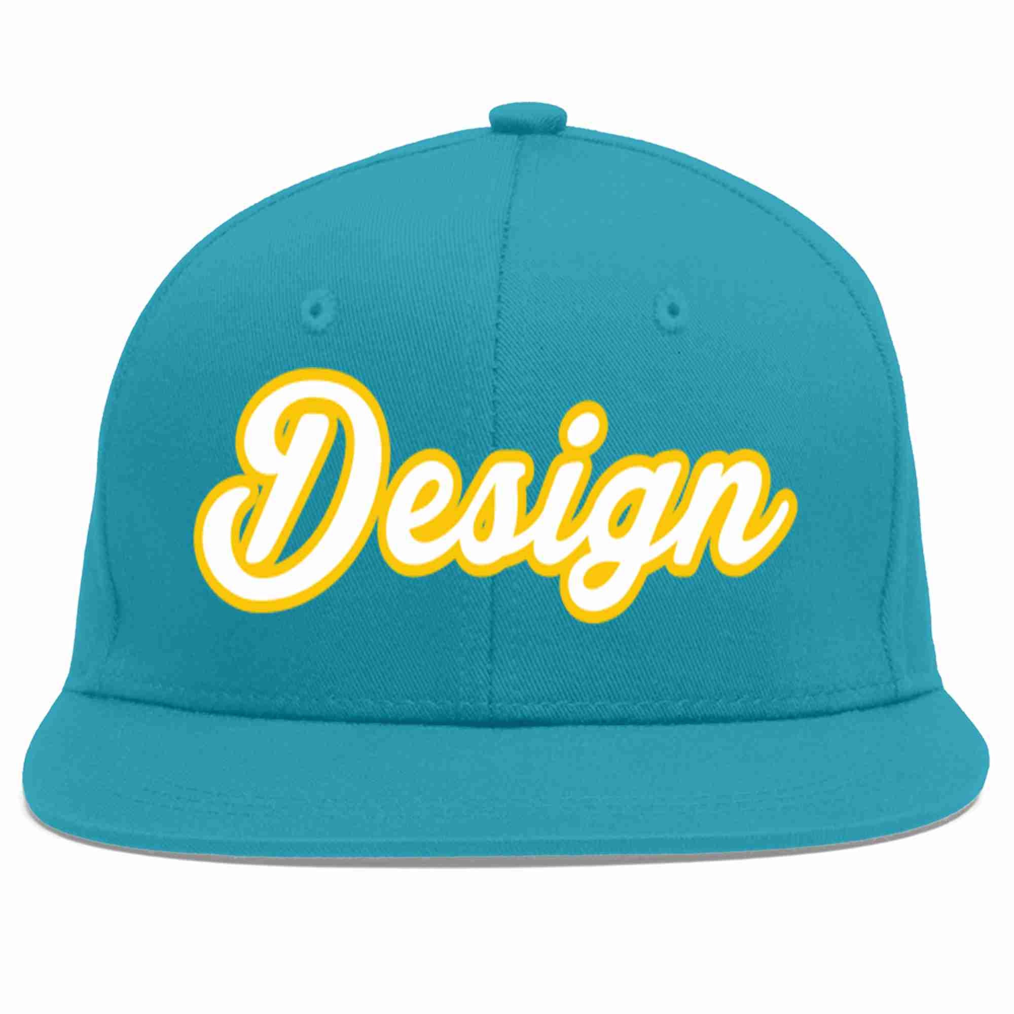 Casquette de baseball personnalisée Aqua White-Gold Flat Eaves Sport pour hommes/femmes/jeunes