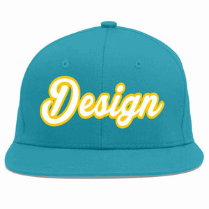 Custom Aqua White-Gold Flat Eaves Sport Baseball Cap Design for Men/Women/Youth