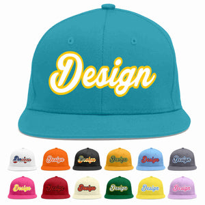 Custom Aqua White-Gold Flat Eaves Sport Baseball Cap Design for Men/Women/Youth