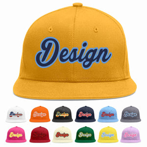 Custom Gold Navy-Light Blue Flat Eaves Sport Baseball Cap Design for Men/Women/Youth